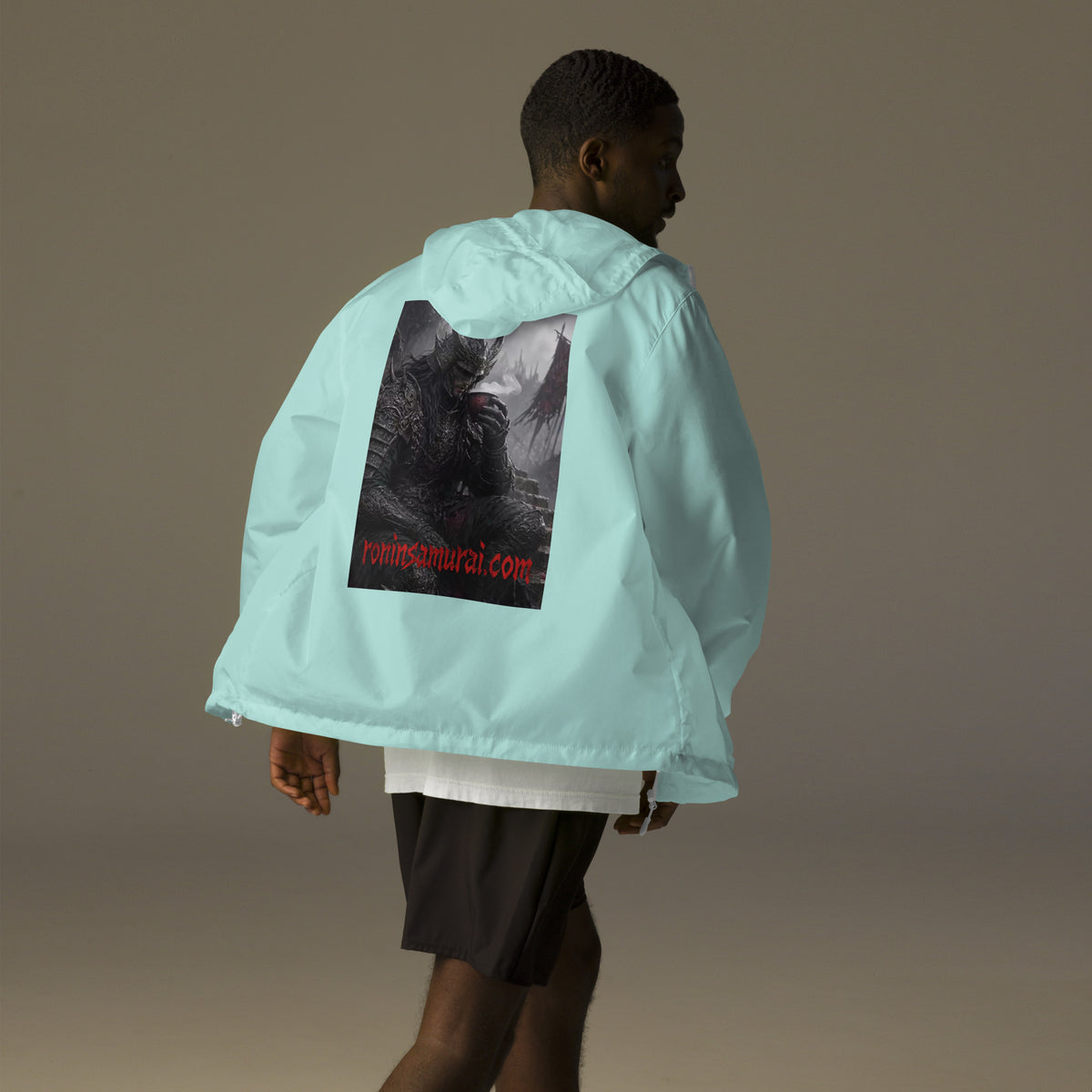 Warlord's Brew Windbreaker, aqua white zipper back: back print of a dark horned armored warlord sipping a steaming cup