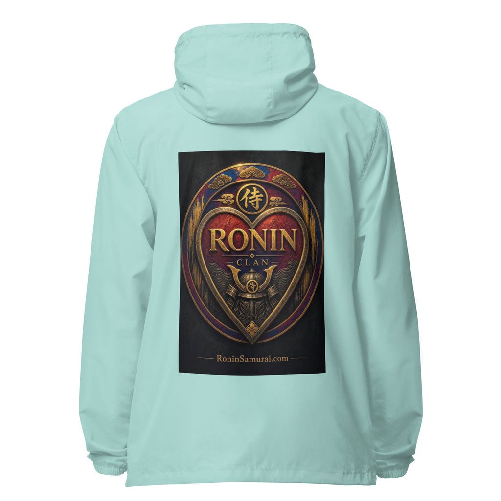 Royal Crest Ronin Clan Windbreaker, aqua white zipper back: gilded red-and-gold heart shield with the 侍 seal, RONIN CLAN and kabuto emblem