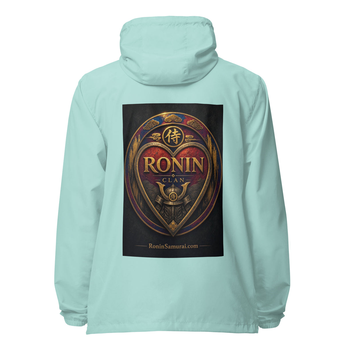 Royal Crest Ronin Clan Windbreaker, aqua white zipper back: gilded red-and-gold heart shield with the 侍 seal, RONIN CLAN and kabuto emblem