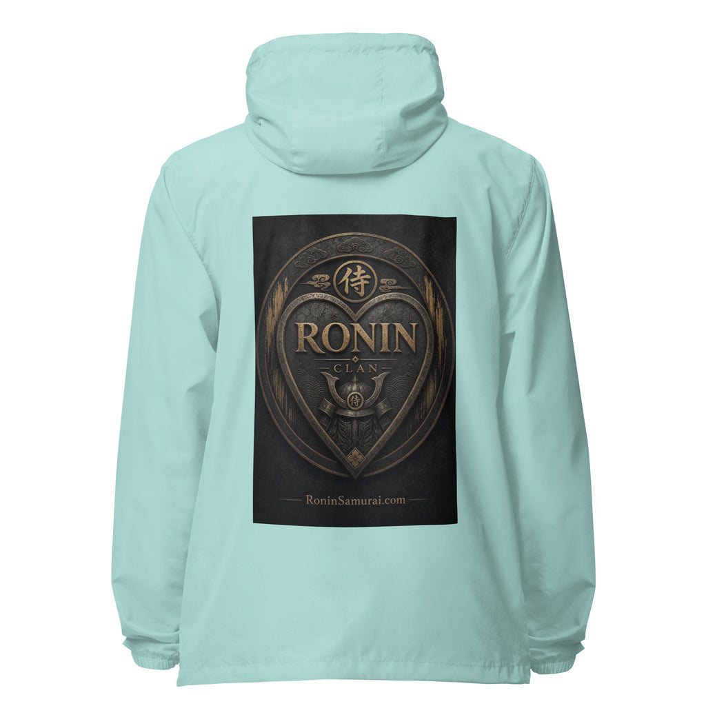 Bronze Crest Ronin Clan Windbreaker, aqua white zipper back: bronze heart shield with the 侍 seal, RONIN CLAN and a kabuto emblem