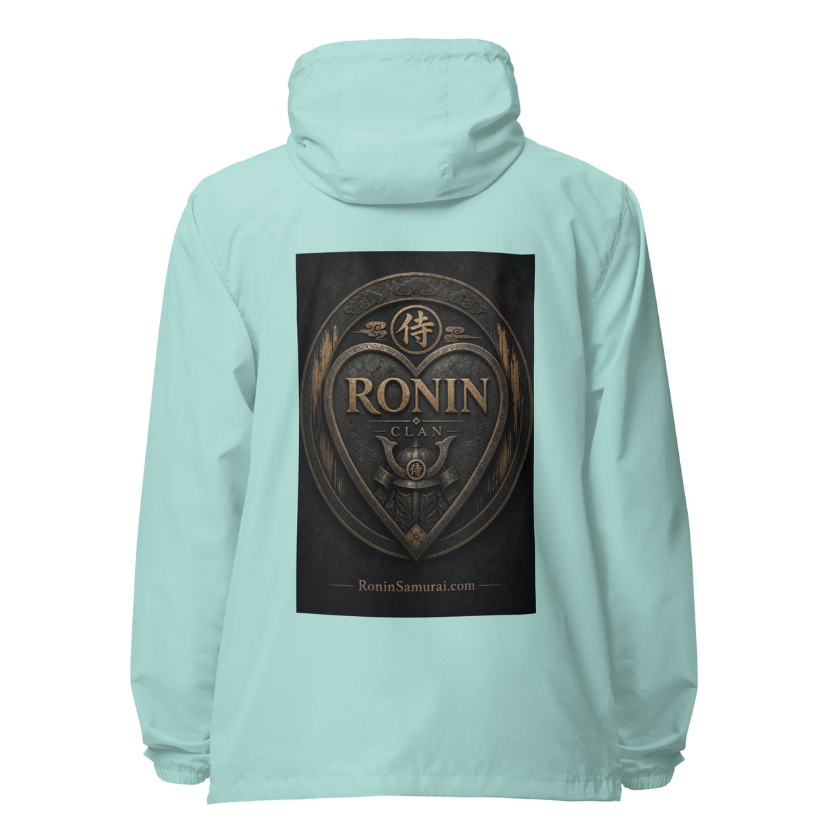 Bronze Crest Ronin Clan Windbreaker, aqua white zipper back: bronze heart shield with the 侍 seal, RONIN CLAN and a kabuto emblem