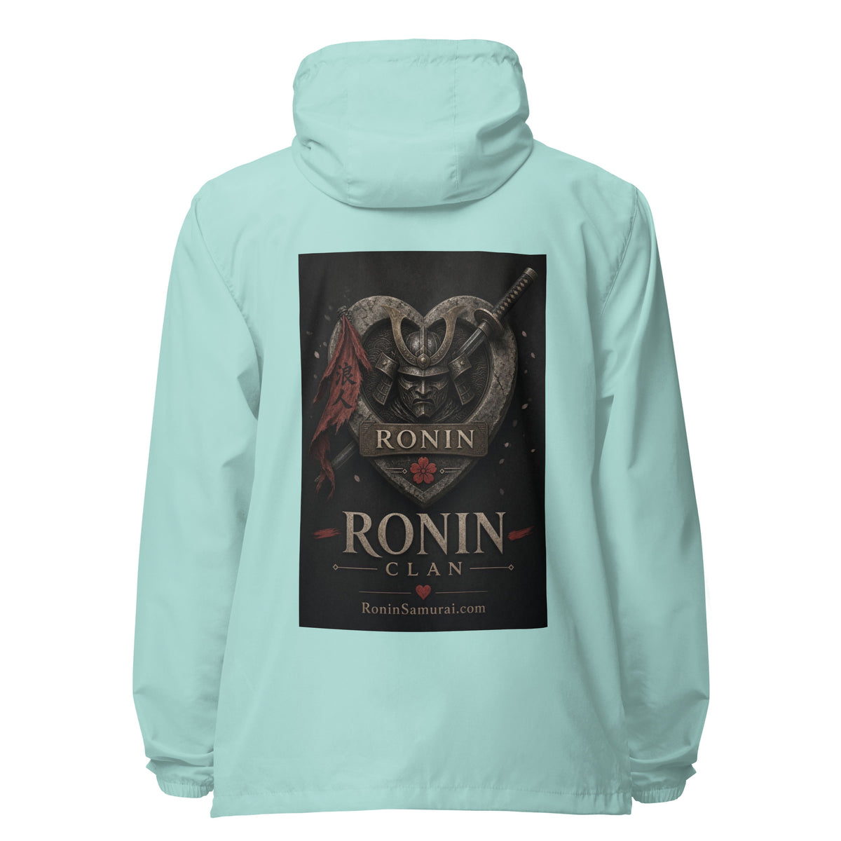 Kabuto Heart Ronin Clan Windbreaker, aqua white zipper back: stone heart with a masked kabuto warrior, katana and red banner, RONIN CLAN