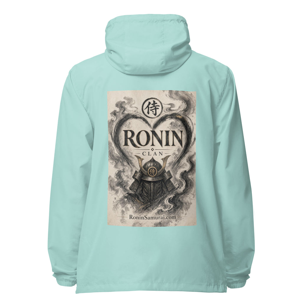 Ink Heart Ronin Clan Windbreaker, aqua white zipper back: ink-wash heart around a kabuto helmet on cream paper, 侍 seal and RONIN CLAN