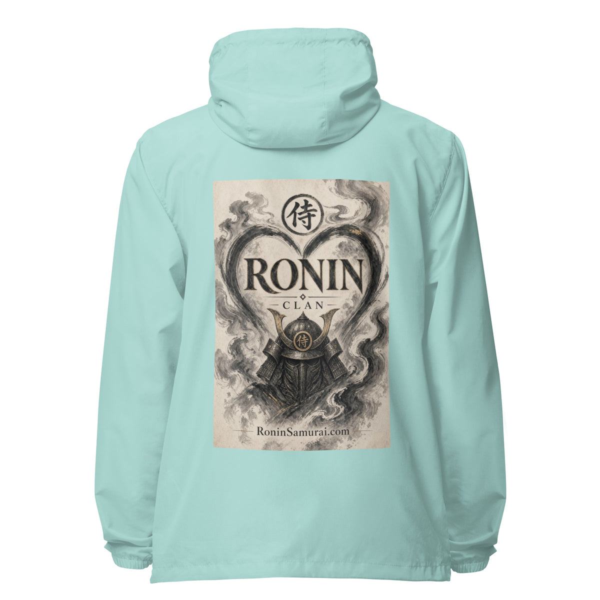Ink Heart Ronin Clan Windbreaker, aqua white zipper back: ink-wash heart around a kabuto helmet on cream paper, 侍 seal and RONIN CLAN