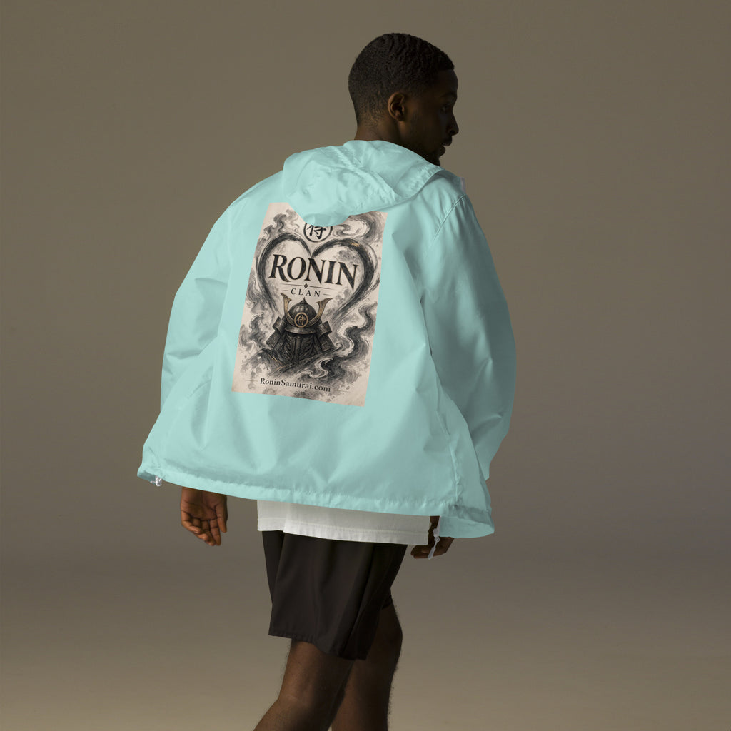 Ink Heart Ronin Clan Windbreaker, aqua white zipper back: ink-wash heart around a kabuto helmet on cream paper, 侍 seal and RONIN CLAN