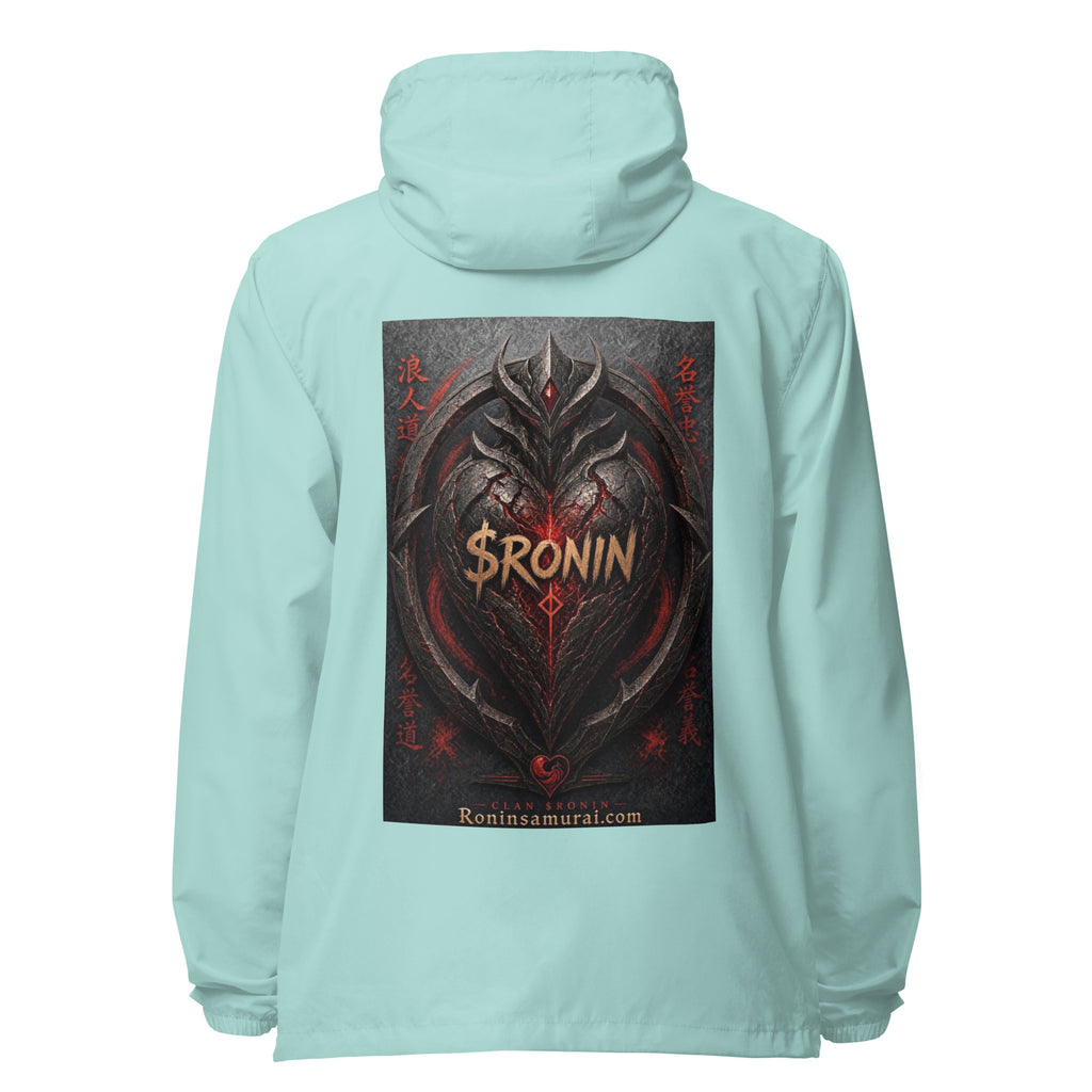 Obsidian Heart Ronin Windbreaker, aqua white zipper back: spiked black armored heart with a glowing red core and $RONIN, red kanji at the sides