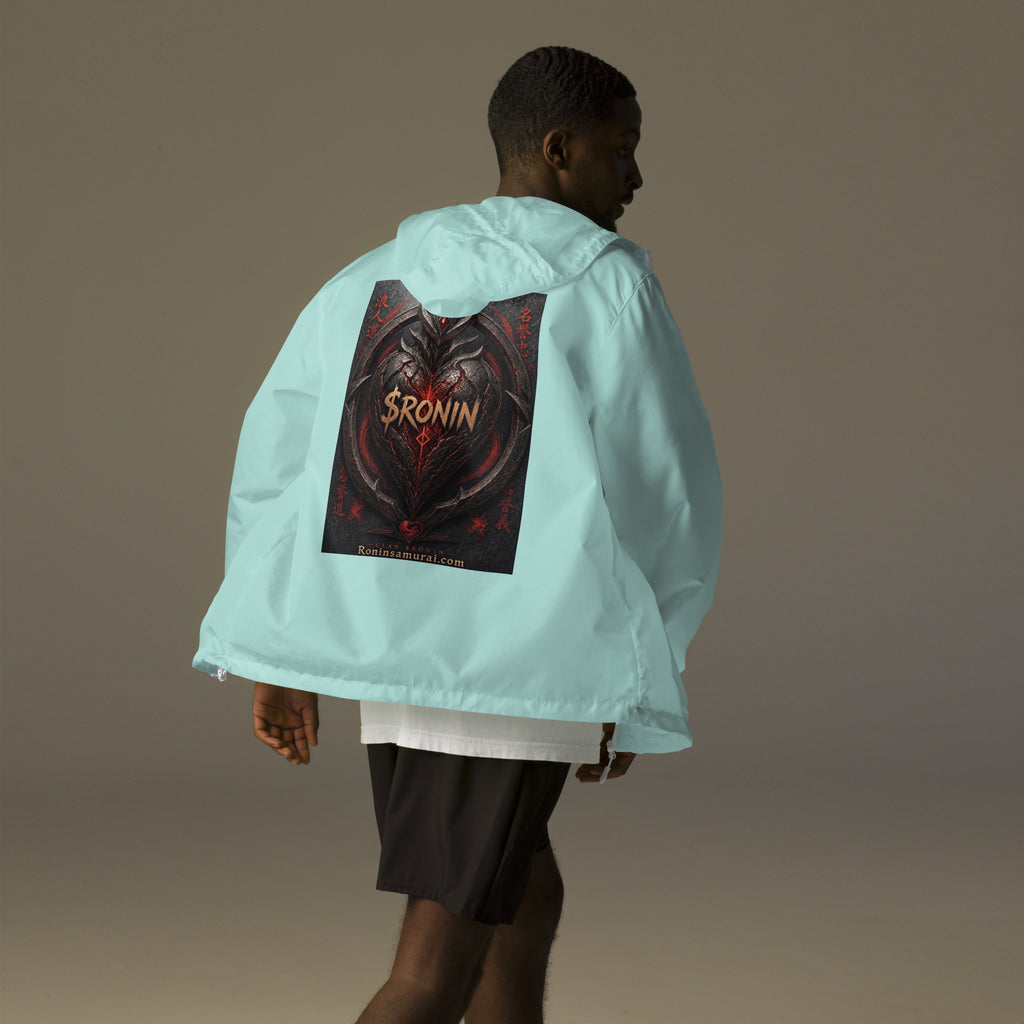 Obsidian Heart Ronin Windbreaker, aqua white zipper back: spiked black armored heart with a glowing red core and $RONIN, red kanji at the sides