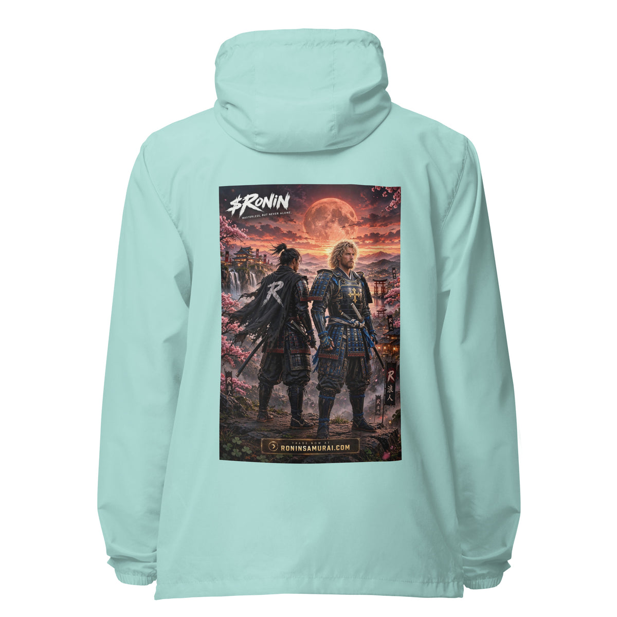 Sworn Brothers Ronin Windbreaker, aqua white zipper back: two warriors, a dark-haired ronin and a golden-haired samurai in blue armor, under a blood-red moon with a white $RONIN