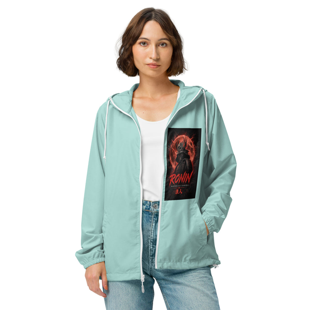 Clan at the Tip Windbreaker, aqua white zipper front: Blood Moon RONIN samurai art on the left chest
