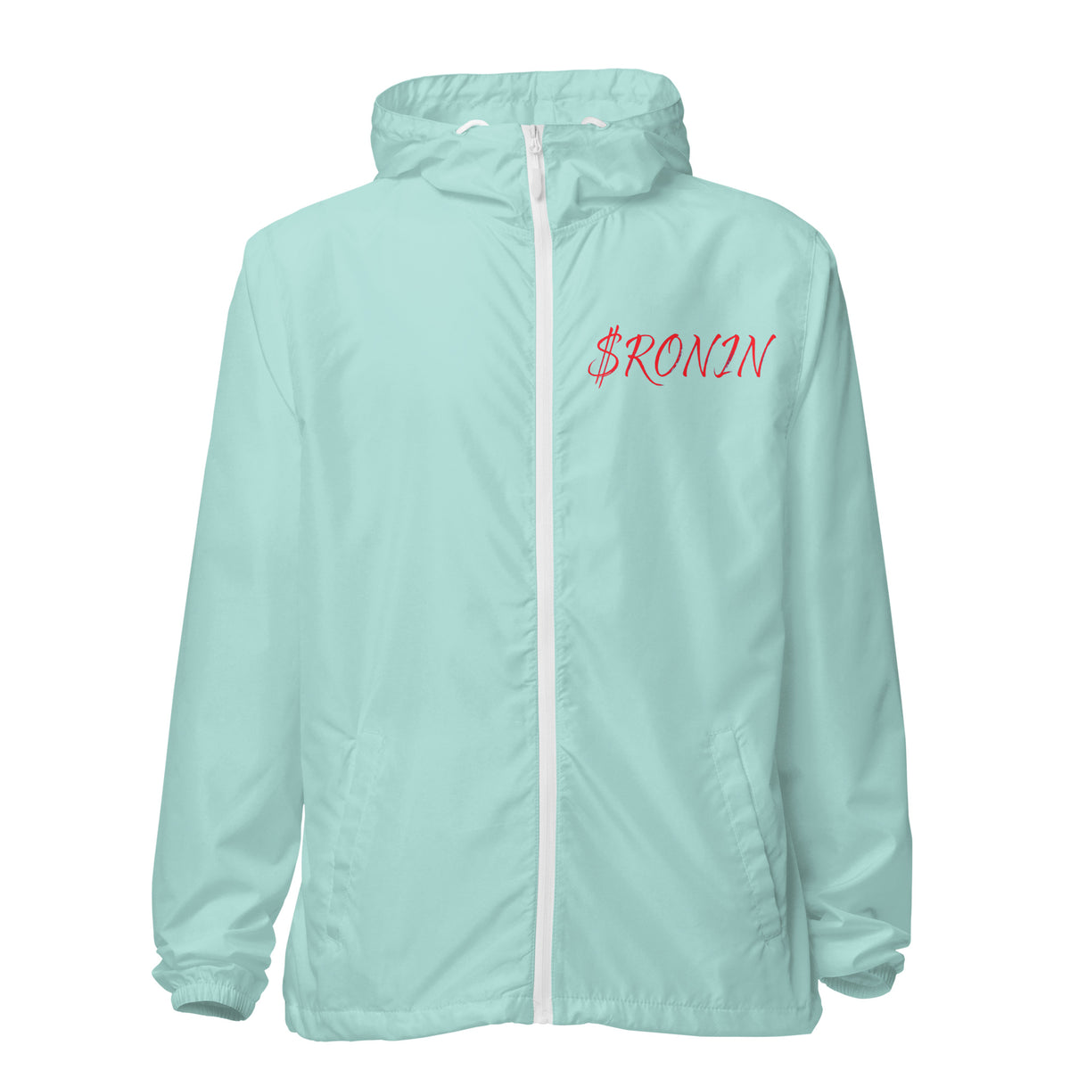 Bronze Crest Ronin Clan Windbreaker, aqua white zipper front: red script $RONIN on the left chest