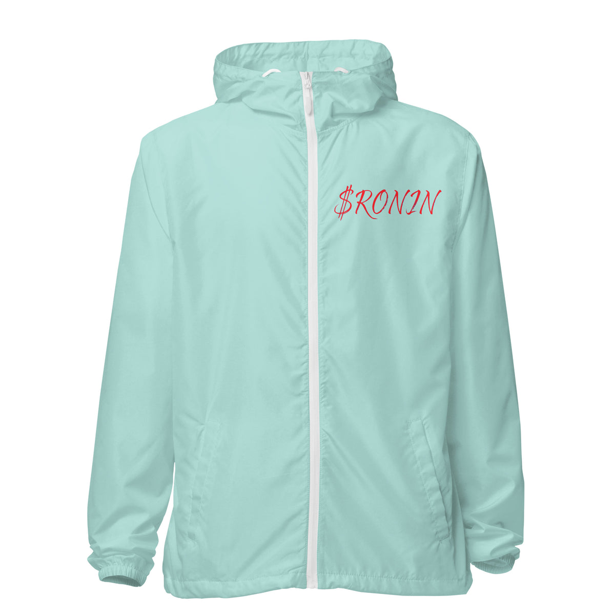 Sworn Brothers Ronin Windbreaker, aqua white zipper front: red script $RONIN on the left chest
