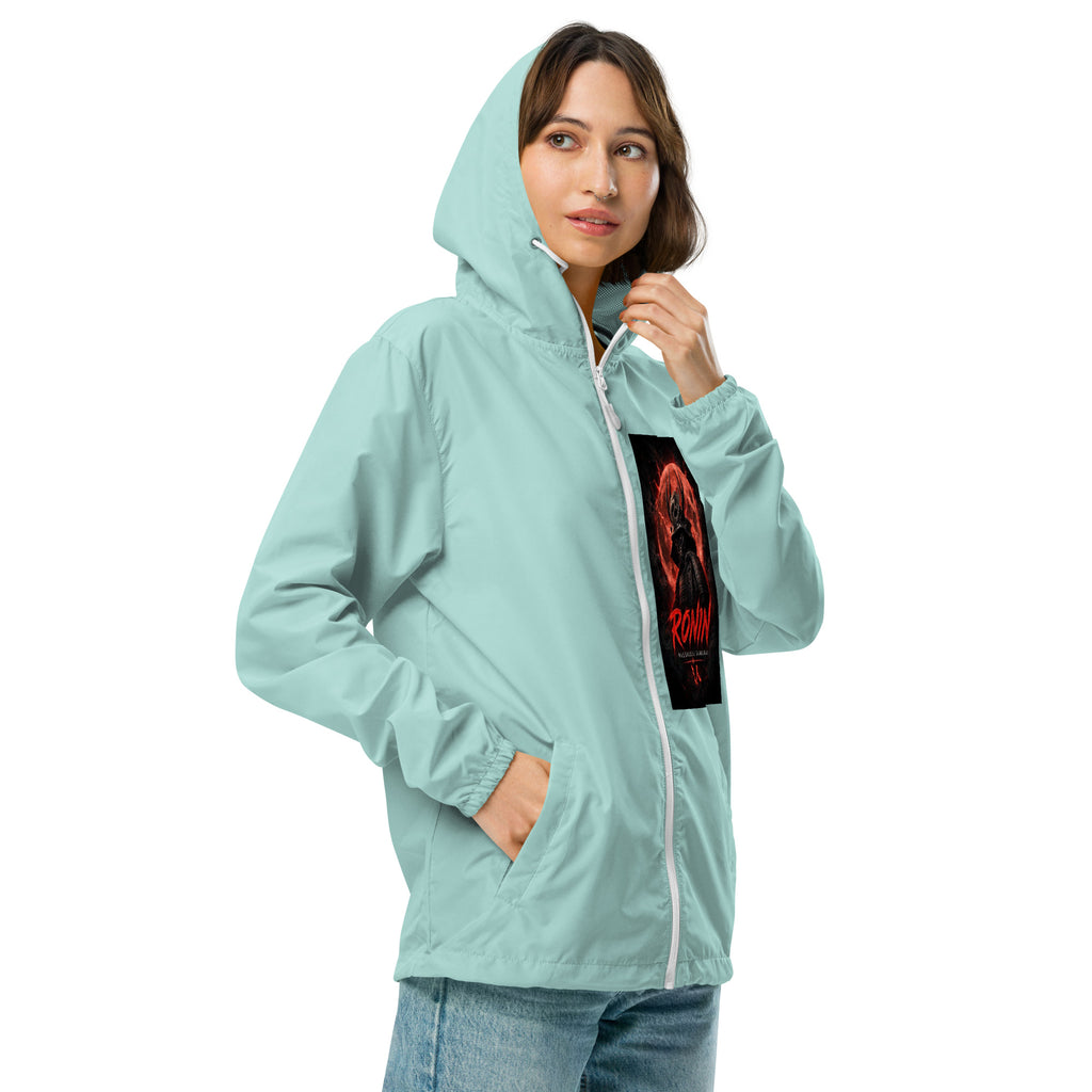 Ink and Steel Samurai Windbreaker, aqua white zipper right front: Blood Moon RONIN samurai art on the left chest