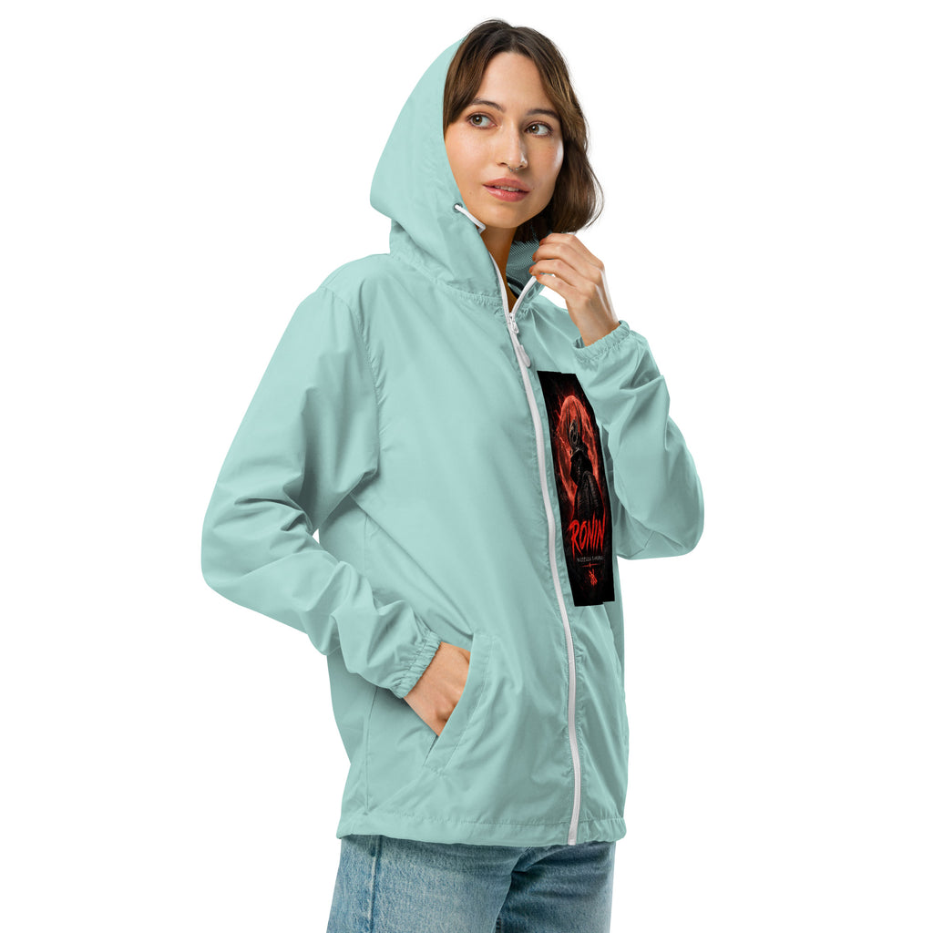 Clan at the Tip Windbreaker, aqua white zipper right front: Blood Moon RONIN samurai art on the left chest