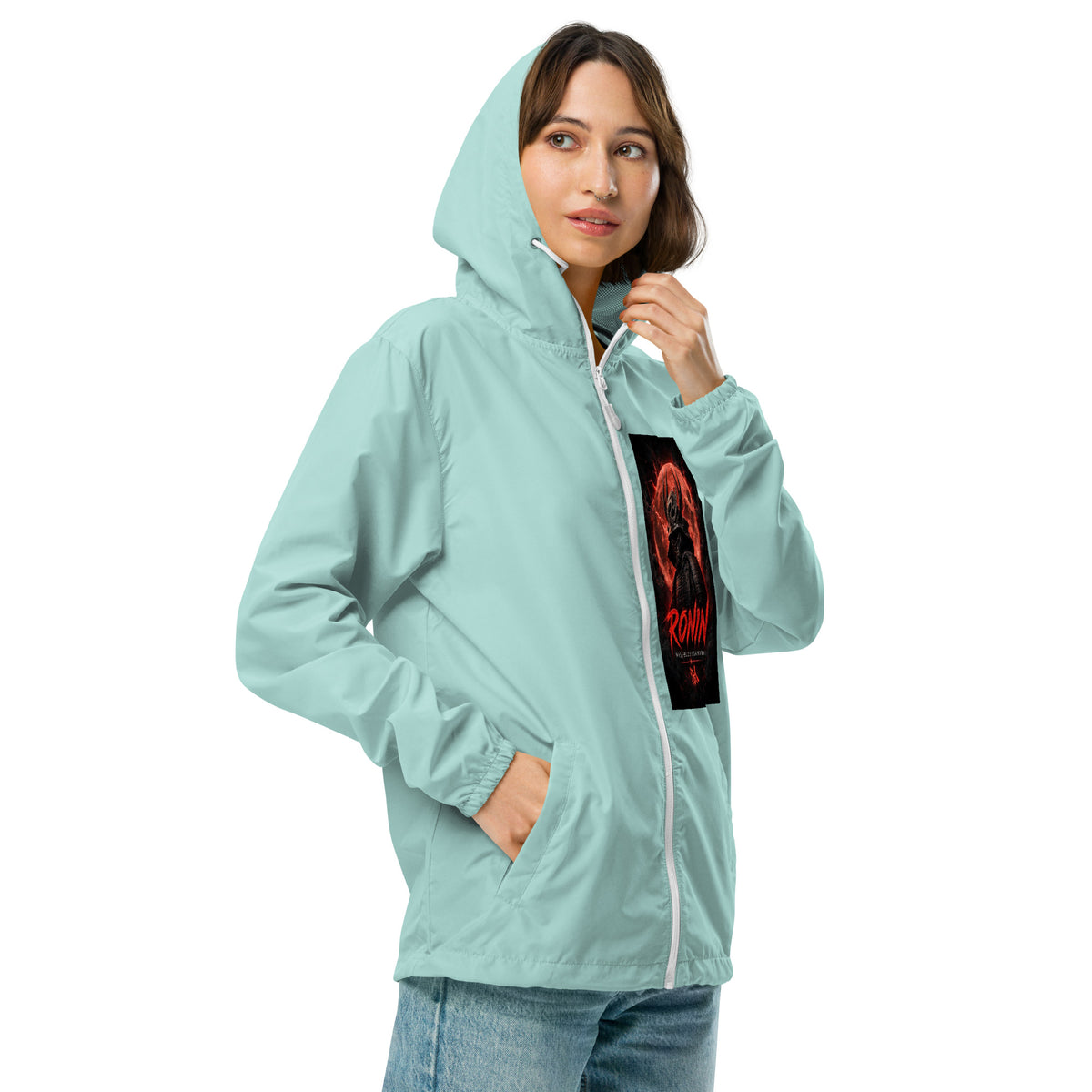 Samurai Rubber Duck Windbreaker, aqua white zipper right front: Blood Moon RONIN samurai art on the left chest