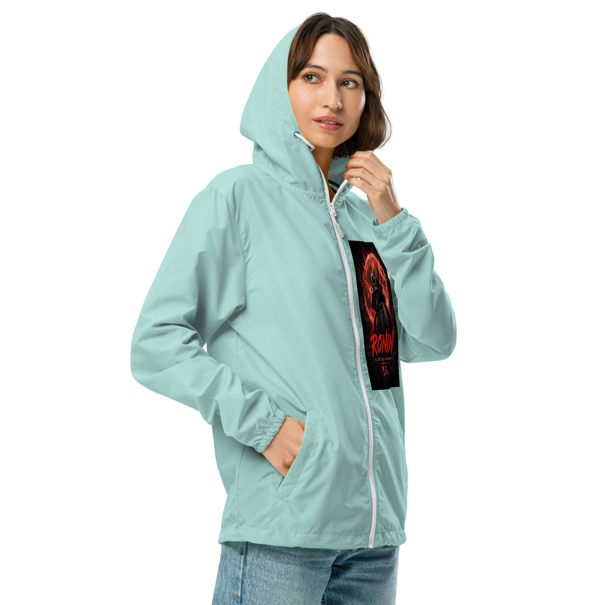 Lone Path Ronin Windbreaker, aqua white zipper right front: Blood Moon RONIN samurai art on the left chest