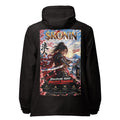 Discipline Today Ronin Windbreaker, black back: back print of a female samurai lunging with a katana before Fuji under a gold $RONIN
