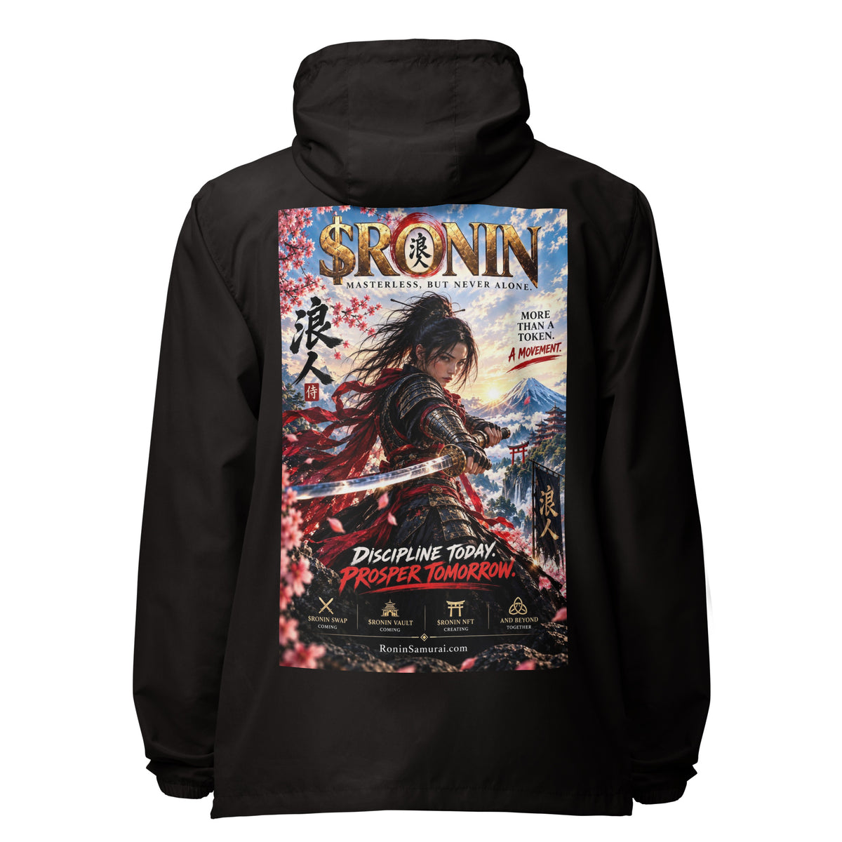Discipline Today Ronin Windbreaker, black back: back print of a female samurai lunging with a katana before Fuji under a gold $RONIN