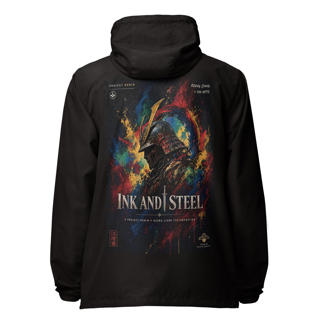 Ink and Steel Samurai Windbreaker, black back: back print of a samurai in a gold-crested helmet amid paint splashes, INK AND STEEL