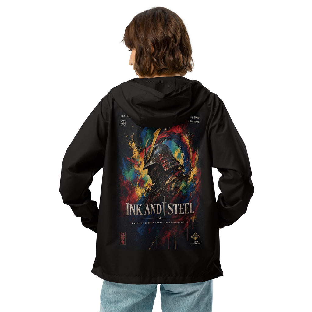 Ink and Steel Samurai Windbreaker, black back: back print of a samurai in a gold-crested helmet amid paint splashes, INK AND STEEL