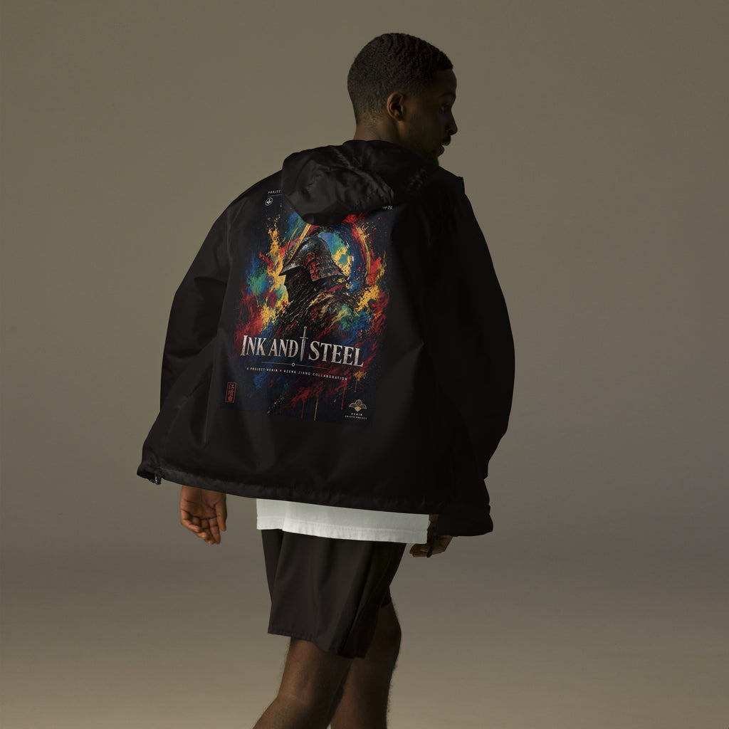 Ink and Steel Samurai Windbreaker, black back: back print of a samurai in a gold-crested helmet amid paint splashes, INK AND STEEL