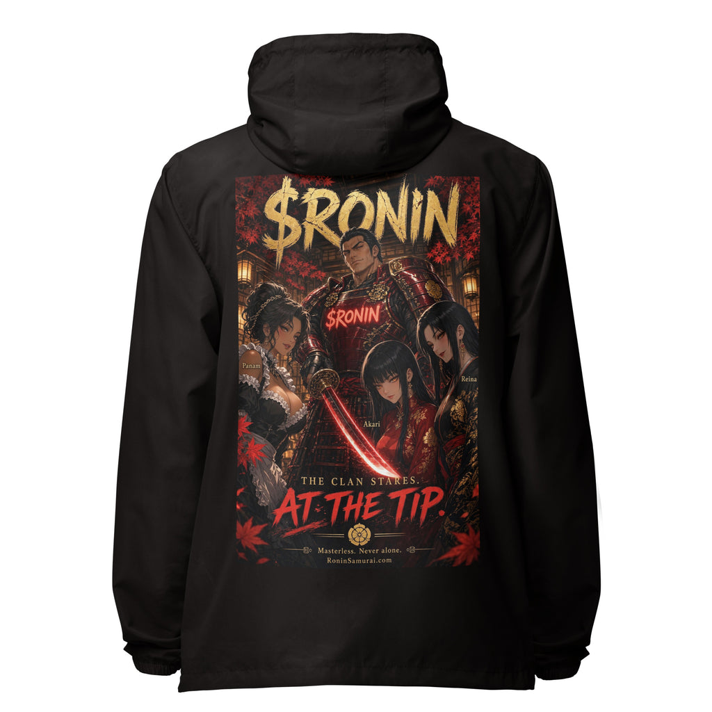 Clan at the Tip Windbreaker, black back: back print of a red-armored samurai with three swordswomen, THE CLAN AT THE TIP