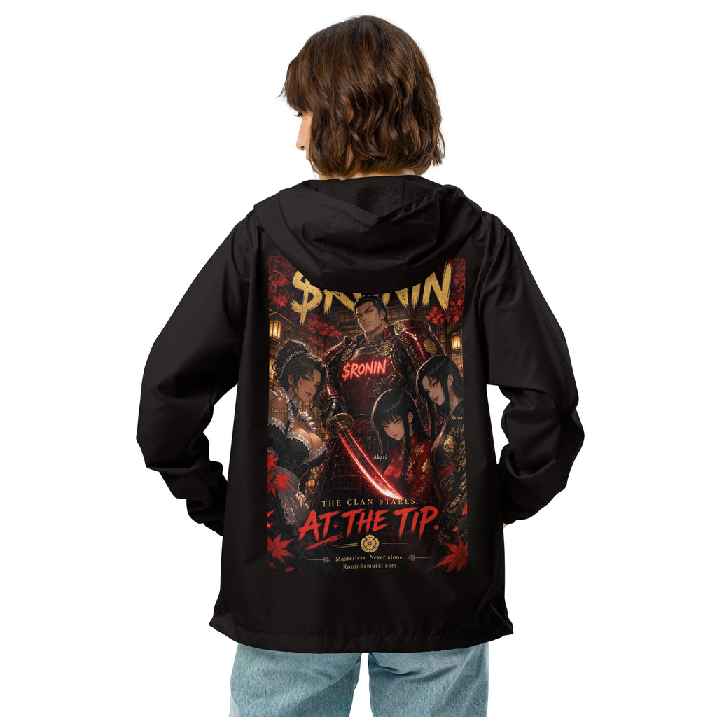 Clan at the Tip Windbreaker, black back: back print of a red-armored samurai with three swordswomen, THE CLAN AT THE TIP