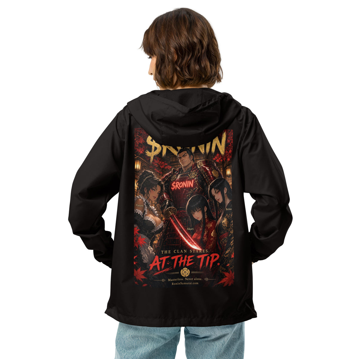 Clan at the Tip Windbreaker, black back: back print of a red-armored samurai with three swordswomen, THE CLAN AT THE TIP