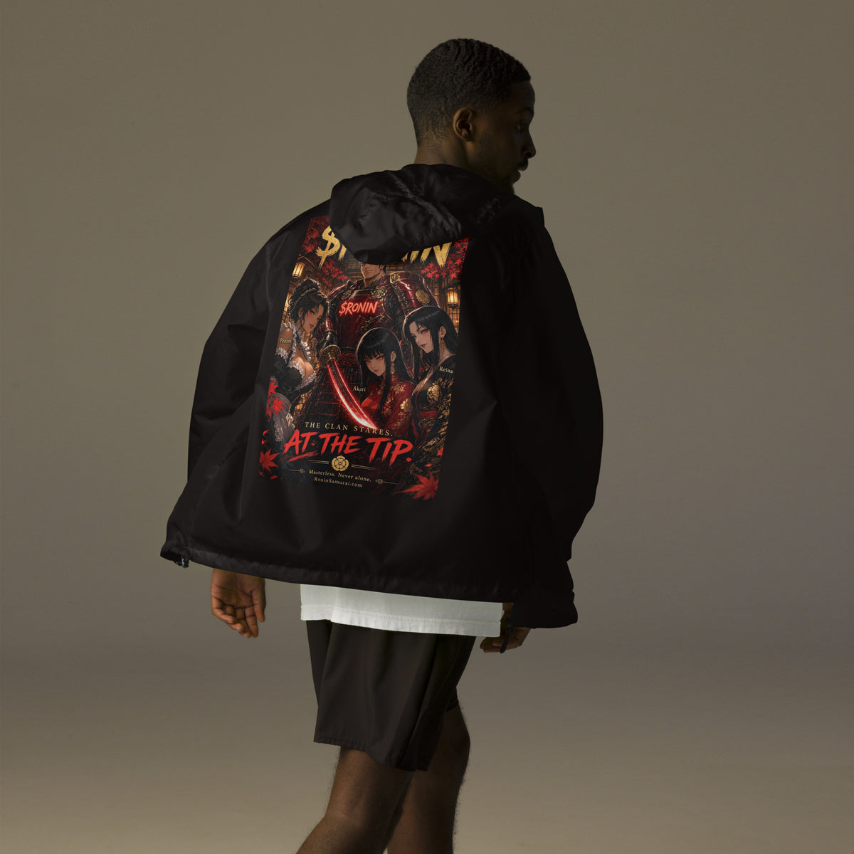 Clan at the Tip Windbreaker, black back: back print of a red-armored samurai with three swordswomen, THE CLAN AT THE TIP
