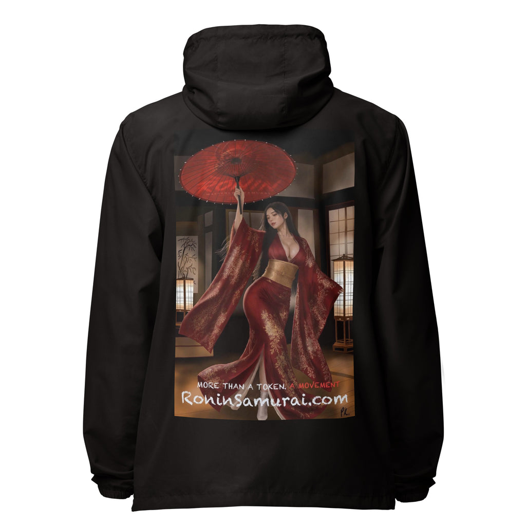 Red Parasol Ronin Windbreaker, black back: back print of a woman in a red kimono holding a red parasol in a shoji room
