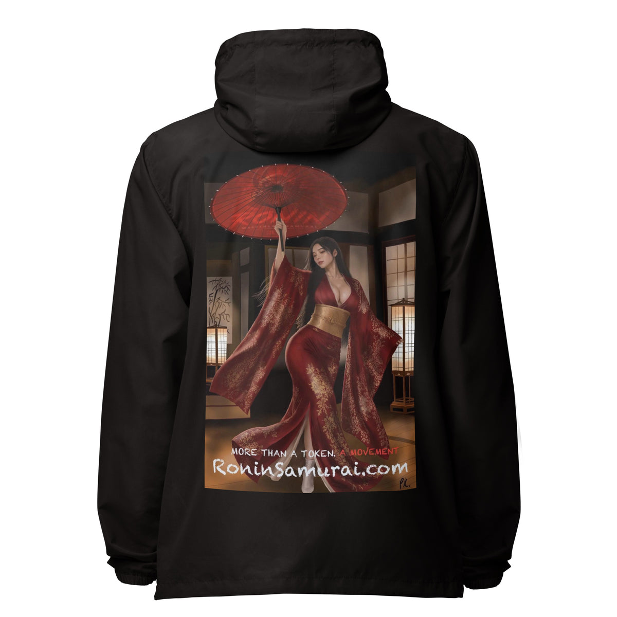 Red Parasol Ronin Windbreaker, black back: back print of a woman in a red kimono holding a red parasol in a shoji room