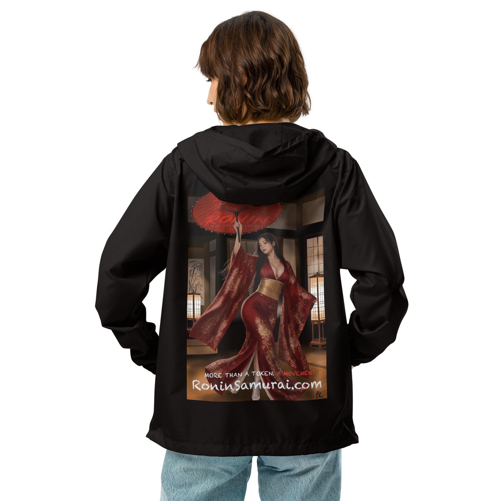 Red Parasol Ronin Windbreaker, black back: back print of a woman in a red kimono holding a red parasol in a shoji room