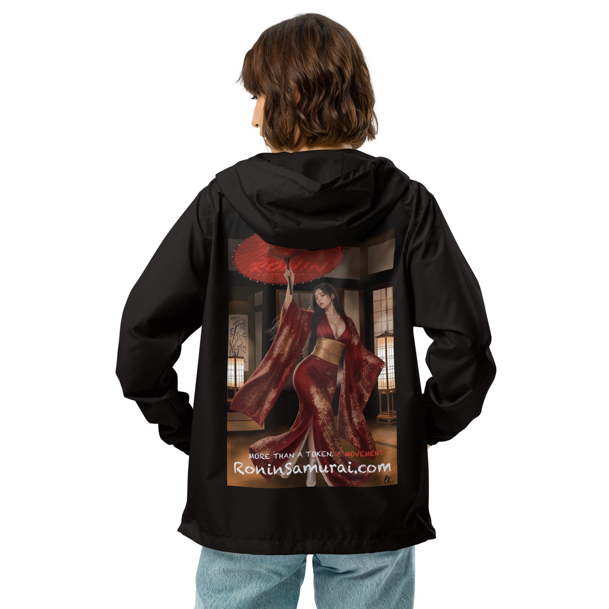 Red Parasol Ronin Windbreaker, black back: back print of a woman in a red kimono holding a red parasol in a shoji room
