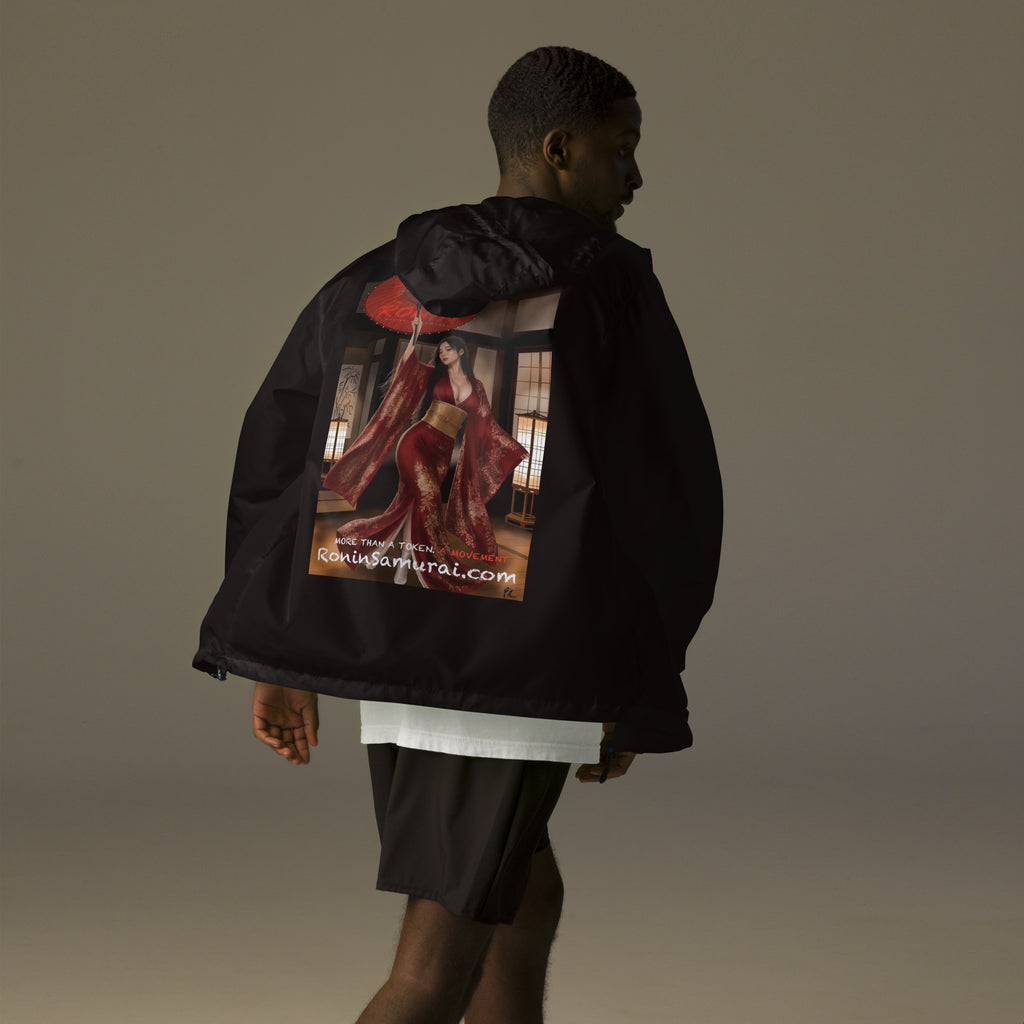 Red Parasol Ronin Windbreaker, black back: back print of a woman in a red kimono holding a red parasol in a shoji room