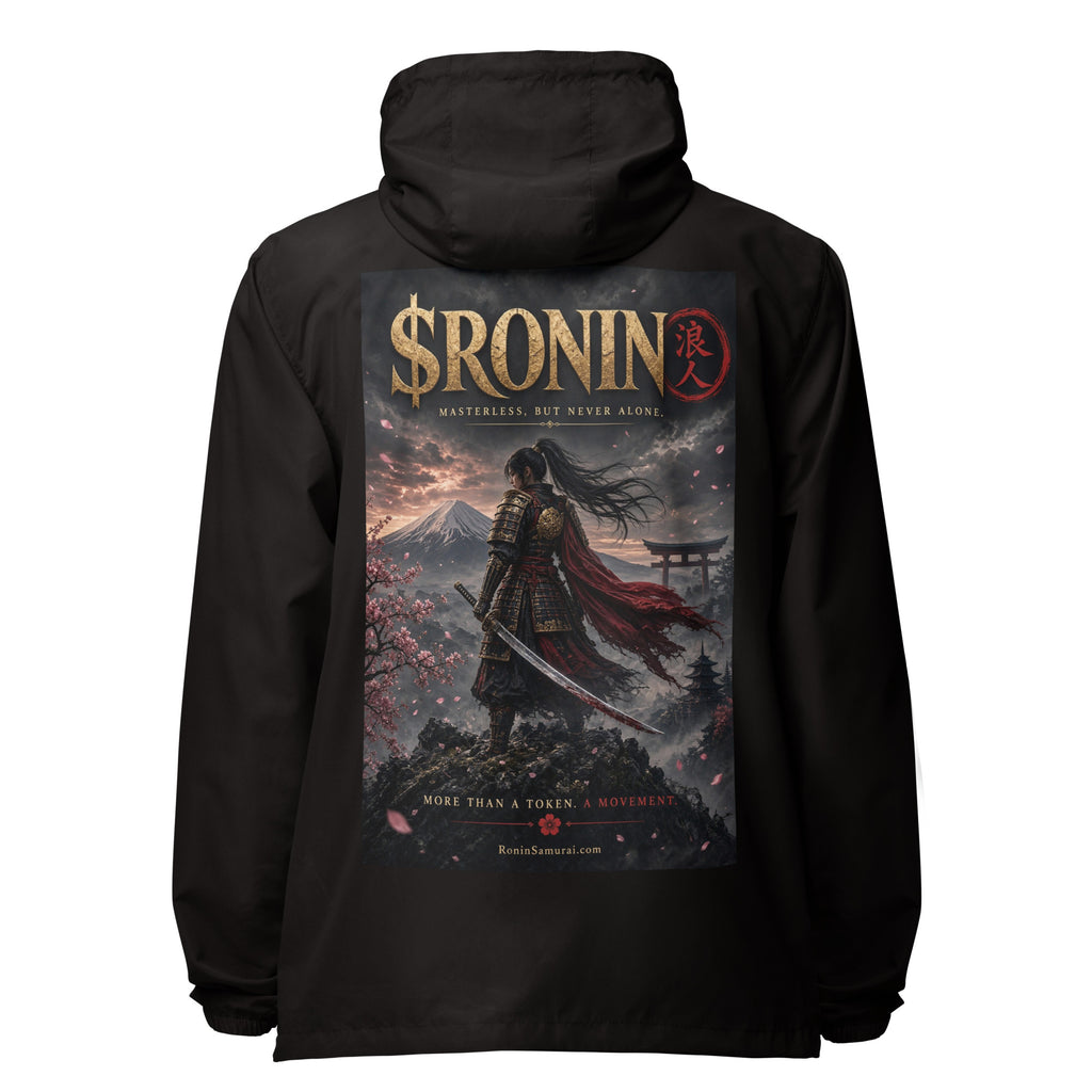 Torii Ridge Ronin Windbreaker, black back: back print of a caped female samurai on a ridge facing Fuji and a torii under gold $RONIN