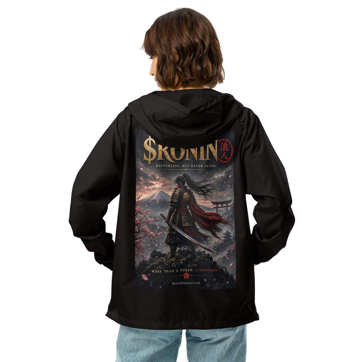 Torii Ridge Ronin Windbreaker, black back: back print of a caped female samurai on a ridge facing Fuji and a torii under gold $RONIN