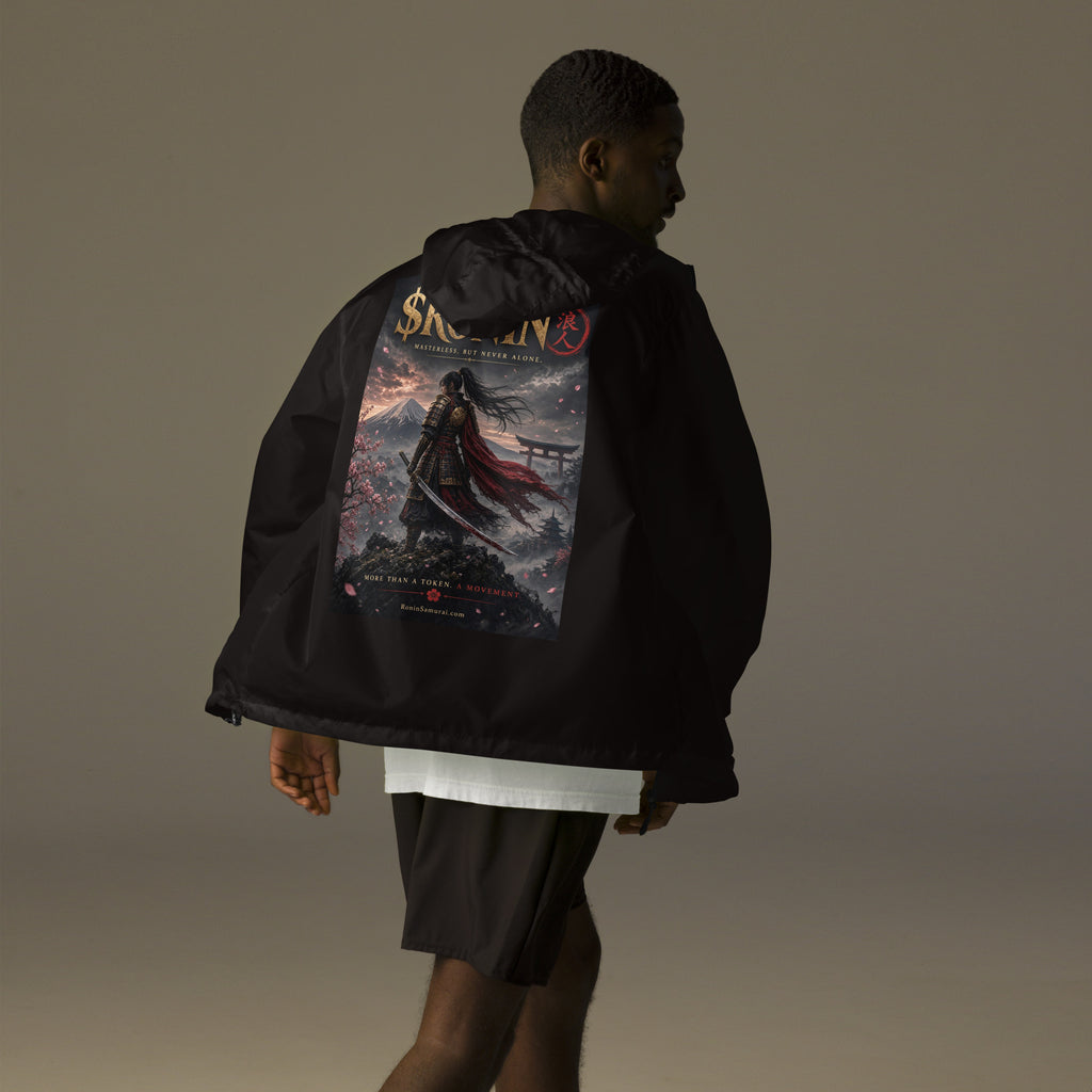 Torii Ridge Ronin Windbreaker, black back: back print of a caped female samurai on a ridge facing Fuji and a torii under gold $RONIN