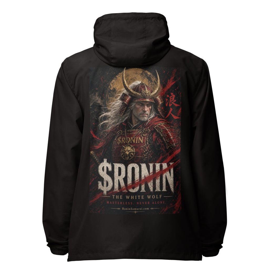 Silver-Haired Ronin Windbreaker, black back: back print of a silver-haired, scarred warrior in crimson armor and gold-horned kabuto under a bold $RONIN title