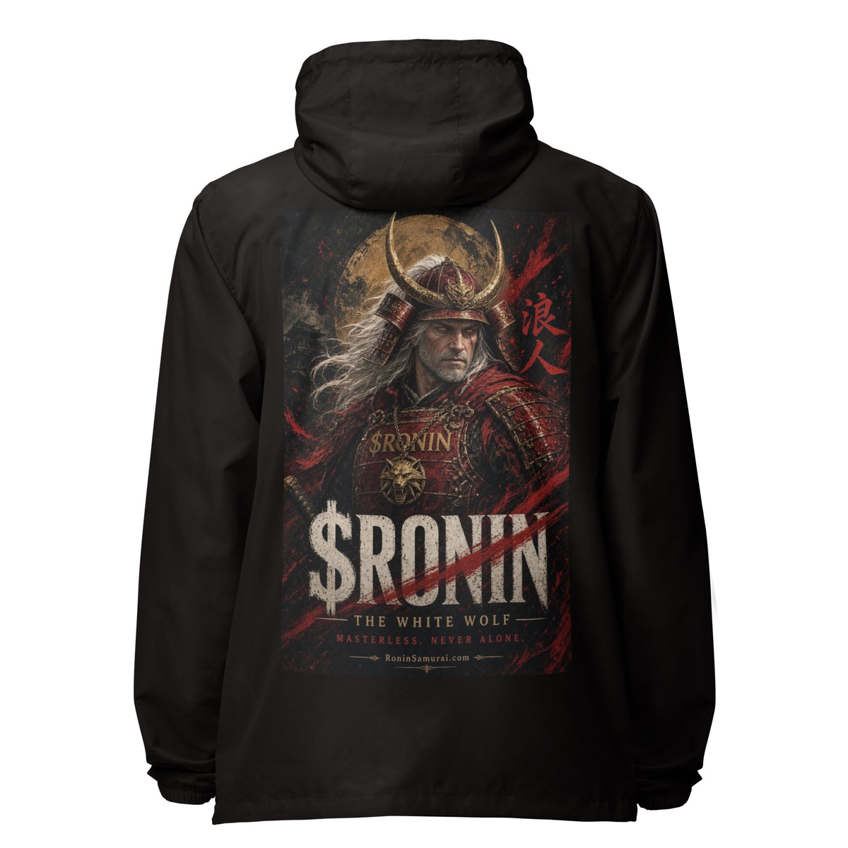 Silver-Haired Ronin Windbreaker, black back: back print of a silver-haired, scarred warrior in crimson armor and gold-horned kabuto under a bold $RONIN title