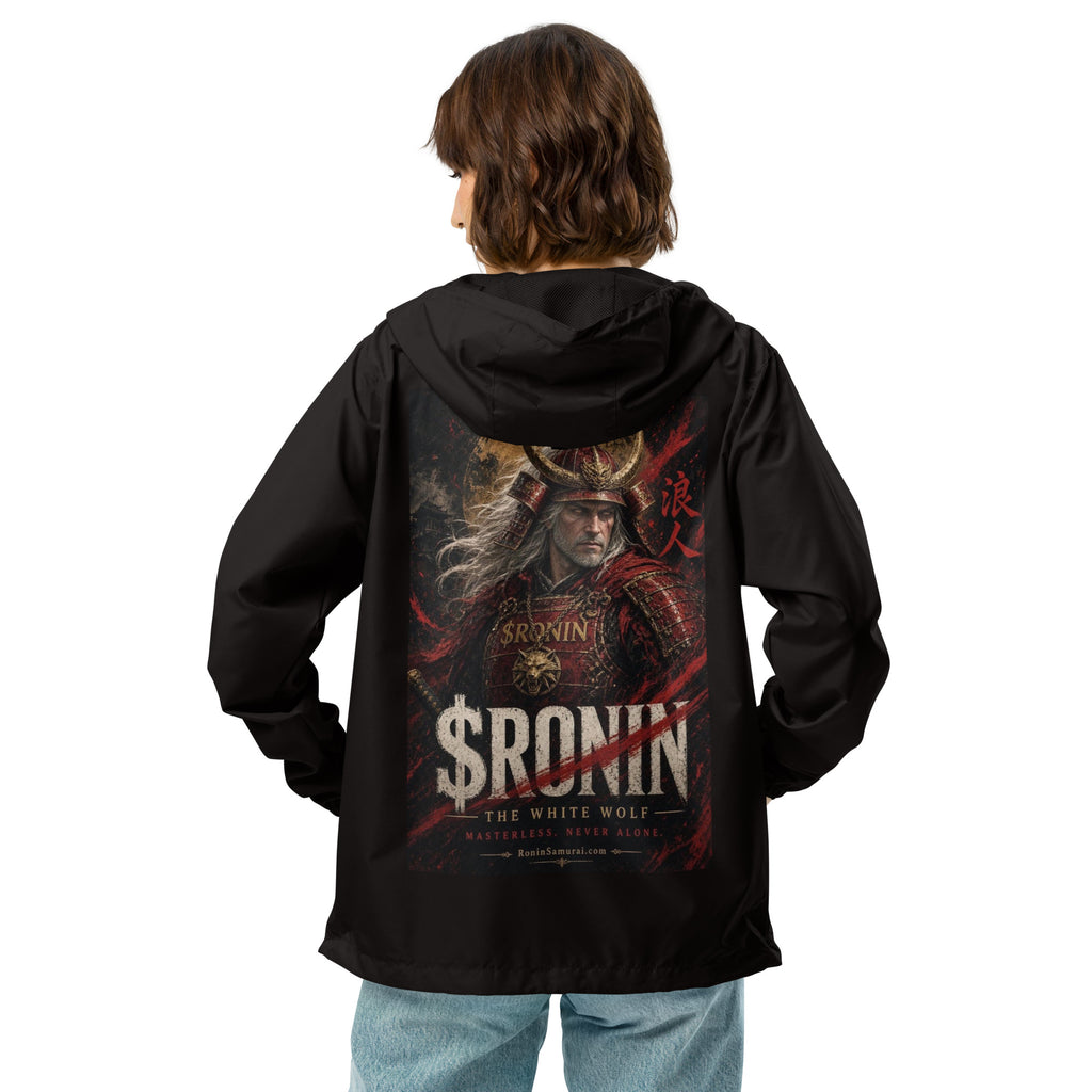 Silver-Haired Ronin Windbreaker, black back: back print of a silver-haired, scarred warrior in crimson armor and gold-horned kabuto under a bold $RONIN title