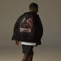 Silver-Haired Ronin Windbreaker, black back: back print of a silver-haired, scarred warrior in crimson armor and gold-horned kabuto under a bold $RONIN title