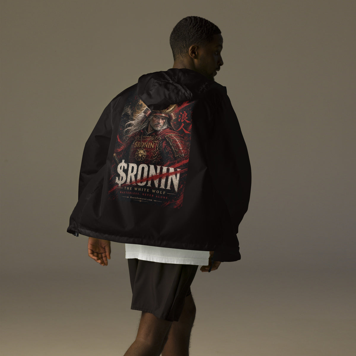 Silver-Haired Ronin Windbreaker, black back: back print of a silver-haired, scarred warrior in crimson armor and gold-horned kabuto under a bold $RONIN title