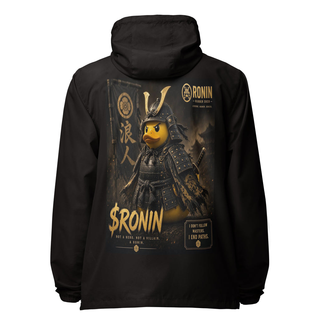 Samurai Rubber Duck Windbreaker, black back: back print of a yellow rubber duck in black-and-gold samurai armor, gold $RONIN