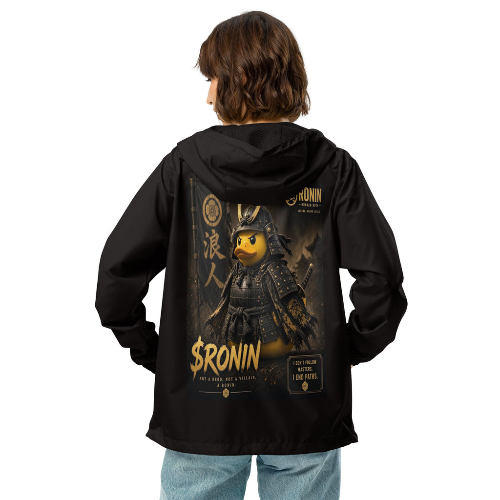 Samurai Rubber Duck Windbreaker, black back: back print of a yellow rubber duck in black-and-gold samurai armor, gold $RONIN