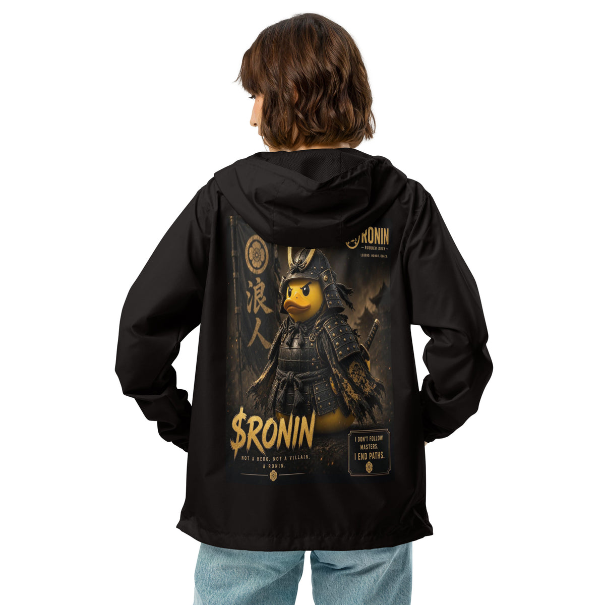 Samurai Rubber Duck Windbreaker, black back: back print of a yellow rubber duck in black-and-gold samurai armor, gold $RONIN