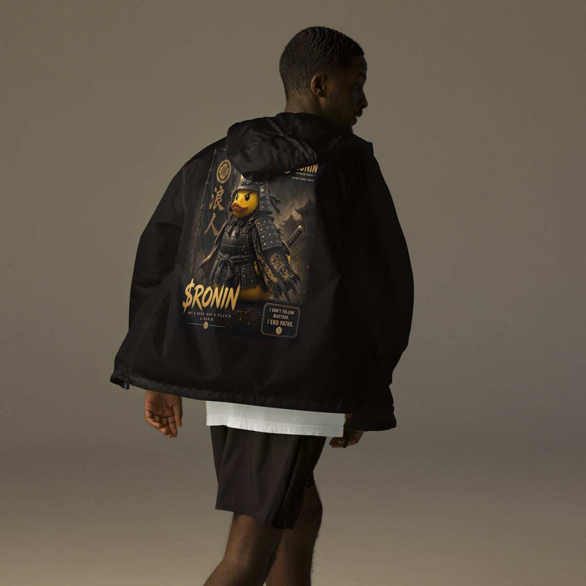 Samurai Rubber Duck Windbreaker, black back: back print of a yellow rubber duck in black-and-gold samurai armor, gold $RONIN