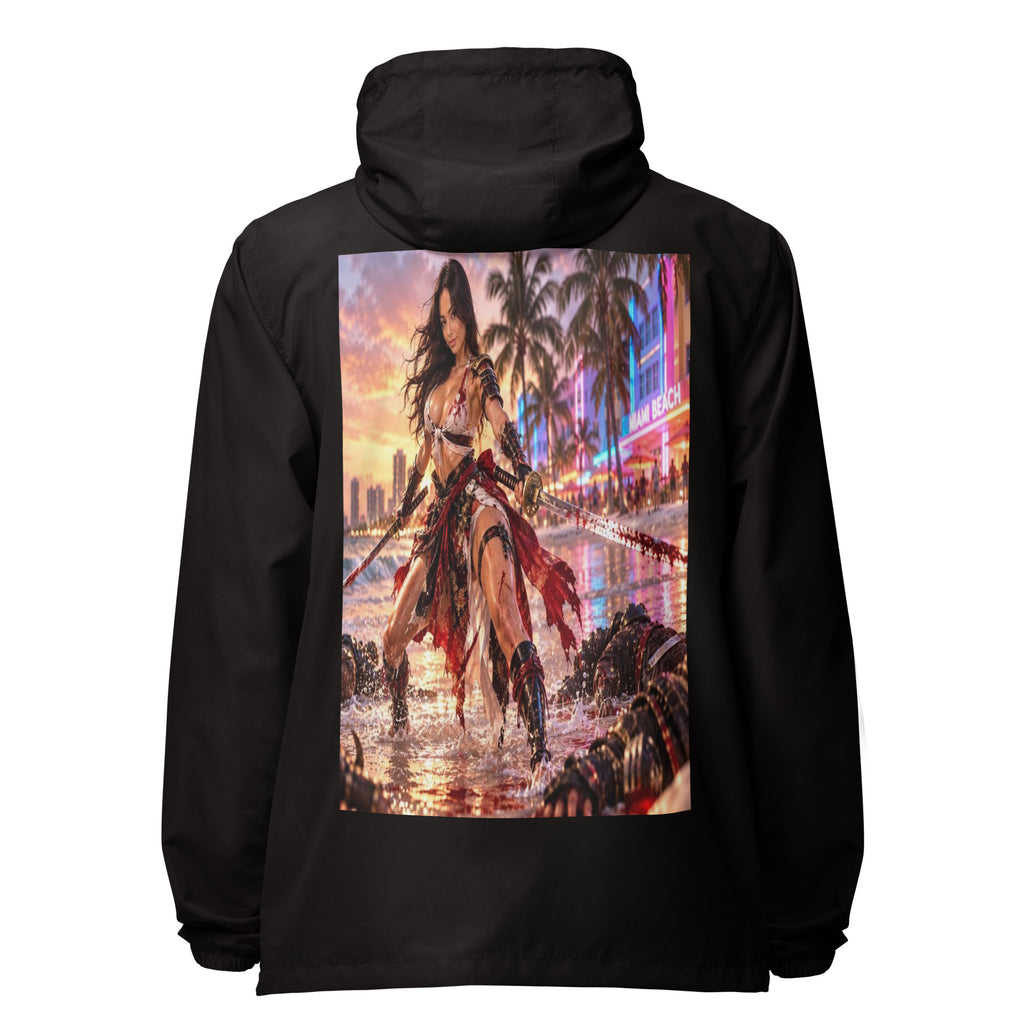 Miami Beach Ronin Windbreaker, black back: back print of a dual-katana warrior in the surf before a neon Miami Beach skyline