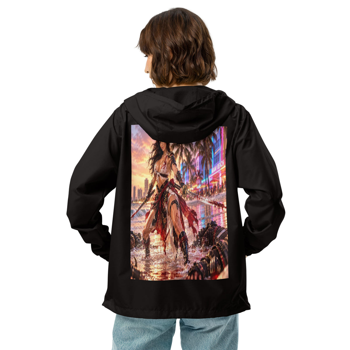 Miami Beach Ronin Windbreaker, black back: back print of a dual-katana warrior in the surf before a neon Miami Beach skyline