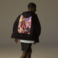 Miami Beach Ronin Windbreaker, black back: back print of a dual-katana warrior in the surf before a neon Miami Beach skyline