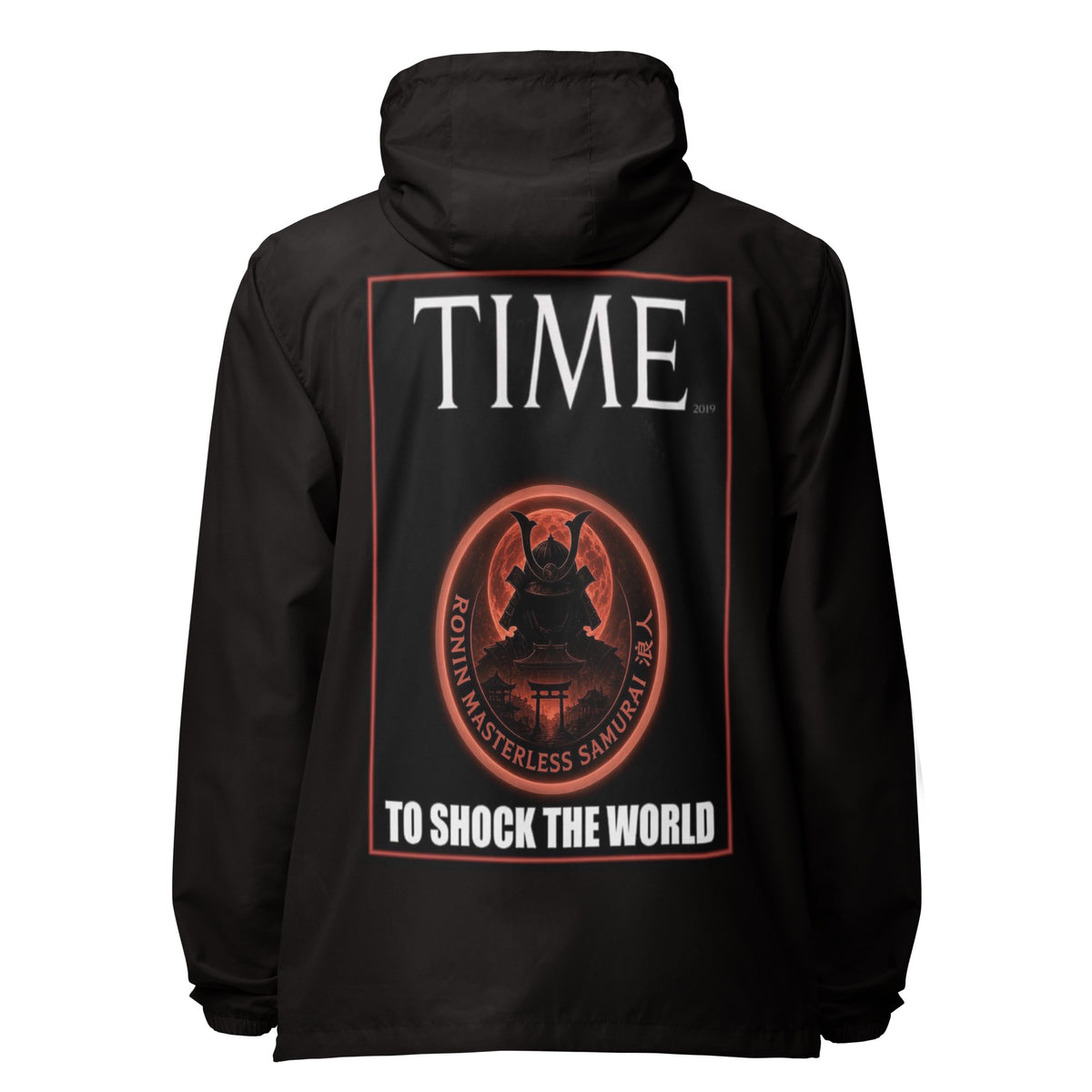 Ronin Cover Story Windbreaker, black back: back print of a red-framed cover-style poster with the round RONIN samurai seal and TO SHOCK THE WORLD