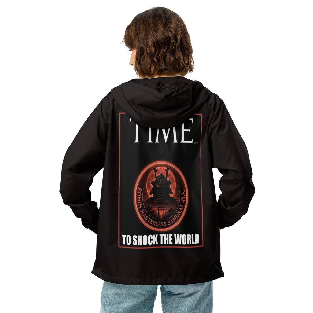Ronin Cover Story Windbreaker, black back: back print of a red-framed cover-style poster with the round RONIN samurai seal and TO SHOCK THE WORLD